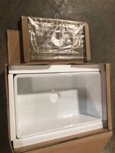 lot 6 image: Glacier Bay  Farmhouse Apron-Front Fireclay 30 in. Single Bowl Kitchen Sink in White with Bottom Grid, Review all pictures