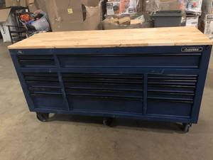 lot 7 image: Husky  72 in. W x 24 in. D Heavy Duty 18-Drawer Mobile Workbench Cabinet with Adjustable-Height Solid Wood Top in Matte Blue, Customer returns, Review all pictures