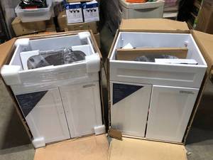 lot 16 image: Lot of 2 Glacier Bay  All-in-One Stainless Steel 24 in Laundry Sink with Faucet and Storage Cabinet in White Customer return Review all pictures
