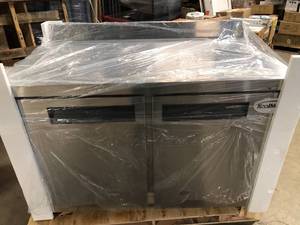 lot 24 image: Koolmore 12 cu. ft. Commercial Upright Freezer 2-Door Undercounter with Worktop in Stainless Steel Open Box Customer return review all pictures