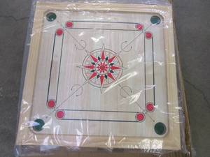 lot 660 image: Carrom Board Game Classic Strike and Pocket Table Game with Cue Sticks, Coins, Queen and Striker (OPEN BOX)