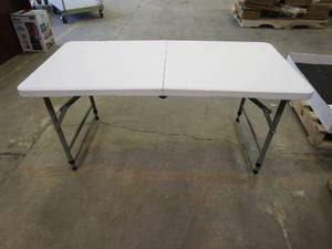 lot 766 image: Lavish Home 80-OUTFT-1 4 ft. Adjustable Folding Table Plastic Utility Tabletop in Gray & White (OPEN BOX)