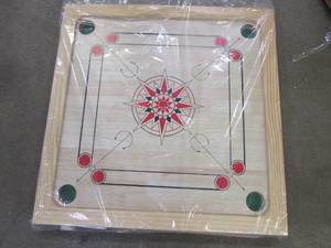 lot 767 image: Carrom Board Game Classic Strike and Pocket Table Game with Cue Sticks, Coins, Queen and Striker for Adults, Kids, Boys and Girls by Hey Play (OPEN BOX)