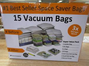 lot 801 image: Home-Complete Vacuum Storage Bags- 15 Multi Size Space Saving Air Tight Compression Organizers for Closet Clutter, Clothes, Linens- Pump Included (OPEN BOX)