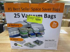 lot 802 image: Home-Complete 25 Vacuum Storage Bags-Space Saving Air Tight Compression-Shrink Down Closet Clutter, Store, Organize Clothes, Linens, Seasonal Items (OPEN BOX)