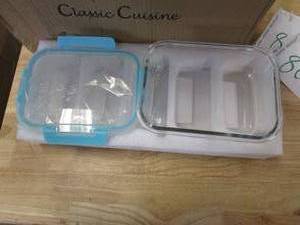 lot 806 image: Classic Cuisine Glass Food Storage Containers-5, One Compartment Portion Control Meal Prep Glassware with Snap Shut Lids-Microwave, Dishwasher Safe Clear (OPEN BOX)