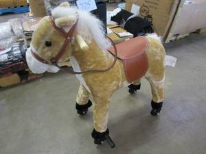 lot 827 image: Happy Trails Plush Walking Horse with Wheels and Footrests (OUT OF BOX)