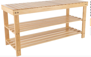 lot 844 image: Lavish Home Bamboo Shoe Rack Bench with 2 Shelves-Eco-Friendly Natural Wood Seat Storage (OPEN BOX)