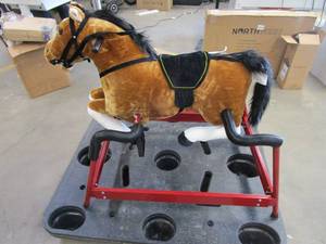 lot 849 image: Spring Rocking Horse Plush Ride on Toy with Adjustable Foot Stirrups and Sounds (OUT OF BOX)
