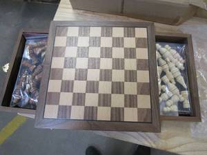 lot 889 image: Trademark Games 12-21129 Inlaid Walnut-Style Magnetized Wood Chess Set with Staunton Wood Chessmen brown 1.375x9.875x9.875 (OPEN BOX)