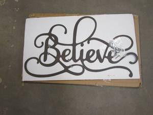 lot 909 image: Believe Brown Decorative Metal Wall Sign 3D Hanging Decor in a Script Font with Built-In Hangers (OPEN BOX)