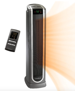 lot 176 image: Lasko Ceramic Tower Space Heater with Logic Center Digital Remote Control-Features Built-in Timer and Oscillation, 7.3L x 9.2W x 29.75H, Black 5572 (OPEN BOX)