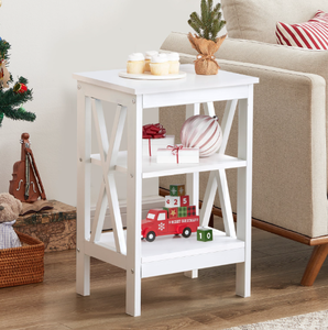 lot 191 image: VECELO 3 Tier Nightstand with Open Shelf, Modern X-Design BedsideEnd Table for Living Room, Bedroom, Home Office, White (OPEN BOX)