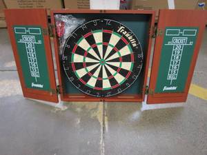 lot 247 image: Wooden Dart Board with Darts (SEE PHOTOS)