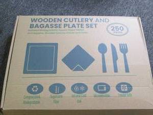 new 250pc wooden cutlery and bagass...