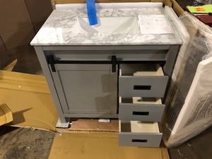 Kinsley 36 in. Bath Vanity in Gray with Carrara Marble Vanity Top in White with White Basin  HAS small DAMAGE REVIEW ALL PICTURES MARIA REVIEW