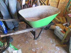 lot 123 image: Metal wheelbarrow painted John Deer...