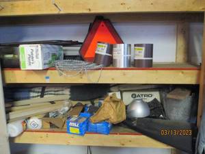 lot 195 image: 2 Shelves of garage goodies, see pi...