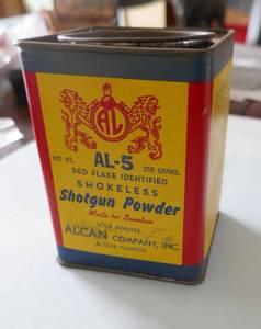 lot 24 image: Two vintage Alcan and One Bullseye shotgun powder cans - all empty