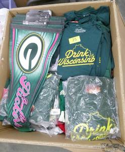 lot 25 image: Large box of 121 pieces of Wisconsin themed clothes and 10 banners