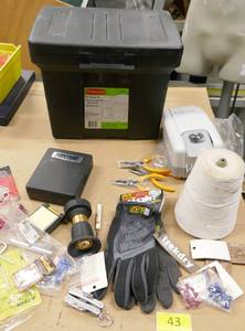 lot 43 image: Garage pile - fire hose style garden hose sprayer, mechanix gloves(large), big spool of string, needle nose pliers, hand soap dispenser, screwdriver set