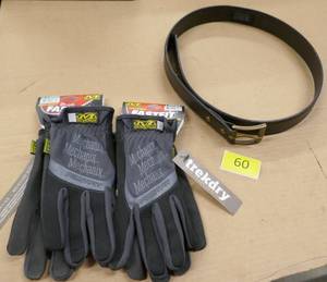 lot 60 image: 2 New Mechanix gloves Large and XL and new leather belt size 36-38