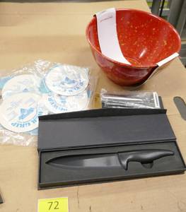 lot 72 image: New Rachel Ray bowl, new ceramic knife and ceramic peeler, can opener grips