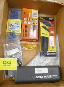 lot 99 image: Tool lot - hex wrenches, mini mag lite, snips, caulk caps, square