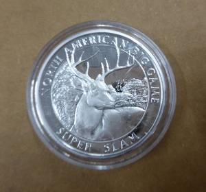 lot 111 image: Box of 50 Silver plated collector deer coins in cases
