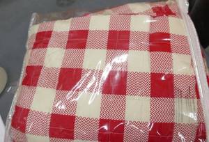 lot 156 image: RedCream checkerboard pattern loveseat cover 69 wide 61 tall