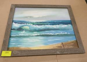 lot 184 image: Ocean oil painting in rustic wood frame - 22 12 wide x 18 12 tall