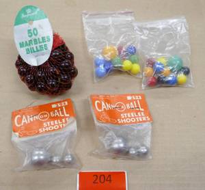 lot 204 image: Vintage marbles including steel shooters in original bags