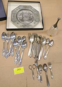 lot 265 image: Vintage silverware, pewter plate and crystal and pewter bell