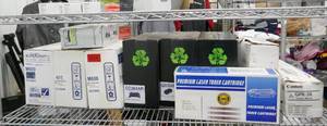 lot 271 image: Shelf full of 10 new toner cartridges and copier staples