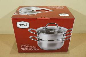 lot 43 image: Parini 3.5 Quart Stainless Dutch Oven and Steamer