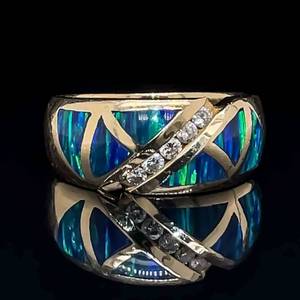 Diamond Channel Geometric Opal Inlay Ring in 14k Yellow Gold, Fine Handcrafted Design $2,850 Retail VIDEO