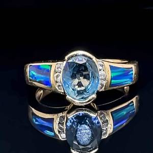 2.10 Carat Blue Topaz, Diamond & Australian Opal Inlay Ring in 14k Yellow Gold $1,995 Retail