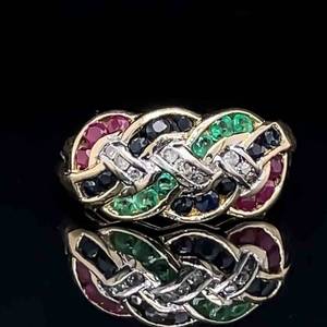 Natural Ruby, Emerald, Sapphire & Diamond Woven Braided Cluster Ring in 14k Yellow Gold $2,200 Retail VIDEO