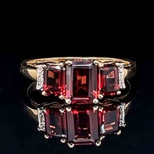 Diamond & Garnet Emerald Cut Three-Stone Tiered Ring in Yellow Gold $1,499 Retail VIDEO