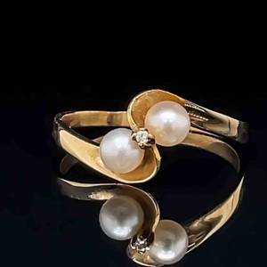 Double White Cultured Pearl Ribbon Bypass Diamond Accent Estate Ring in 14k Yellow Gold
