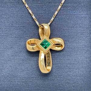Square Natural Green Emerald Ribbon Cross Pendant Necklace in 14k Yellow Gold, Two-Tone Gold Fancy Chain VIDEO
