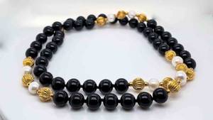 Gorgeous High Quality Buffed Onyx & White Pearl Bead Strand Necklace w 14k Yellow Gold Fancy Beads, Long & Versatile 24, Filigree Clasp