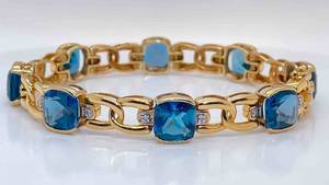 Stunning Diamond & Large Blue Topaz Bezel Set Link Bracelet in 14k Yellow Gold $4800 Retail