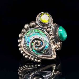 Very Unique & Gorgeous Signed Designer Abalone, Malachite, and Citrine Estate Ring