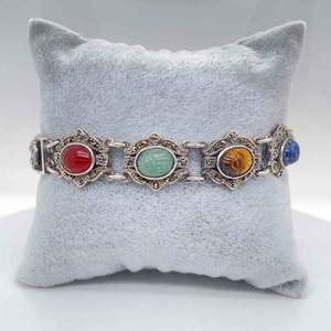 Ornate Carved Beatle Bug Semi-Precious Gemstone Marcasite Oval Link Bracelet - Tigers Eye, Carnelian, Sodalite, Rhodochrosite, and more