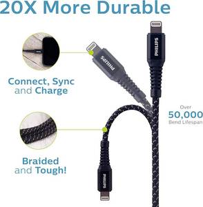 lot 385 image: Philips Lightning Cable, USB-A to Lightning Connector, 6 ft Black Braided Cable