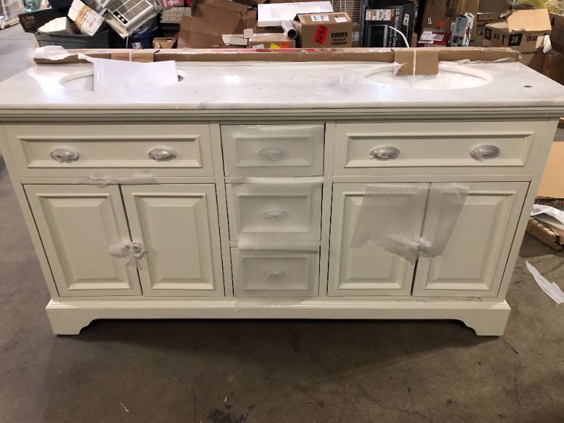 Sadie 67 in. W x 21.5 in. D Vanity in Matte Pearl with Marble Vanity Top in Natural White with White Sink