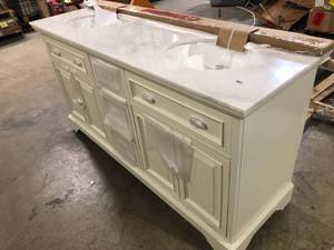 Sadie 67 in. W x 21.5 in. D Vanity in Matte Pearl with Marble Vanity Top in Natural White with White Sink by Home Decorators Collection