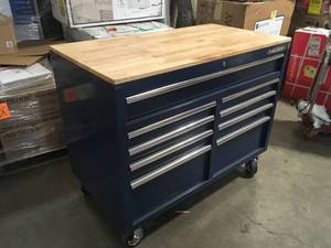 46 in. W x 24.5 in. D Standard Duty 9-Drawer Mobile Workbench Cabinet with Solid Wood Top in Gloss Blue by Husky (No Keys ) Customer Returns See Pictures