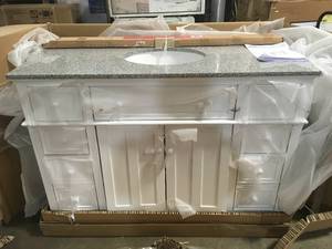 Fremont 49 in. W x 22 in. D x 34 in. H Vanity in White with Grey Granite Top and White Sink by Home Decorators Collection Customer Returns See Pictures
